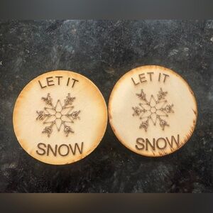 2 Pack of imperfect wooden Snowflake let it Snow fridge magnets Handmade.